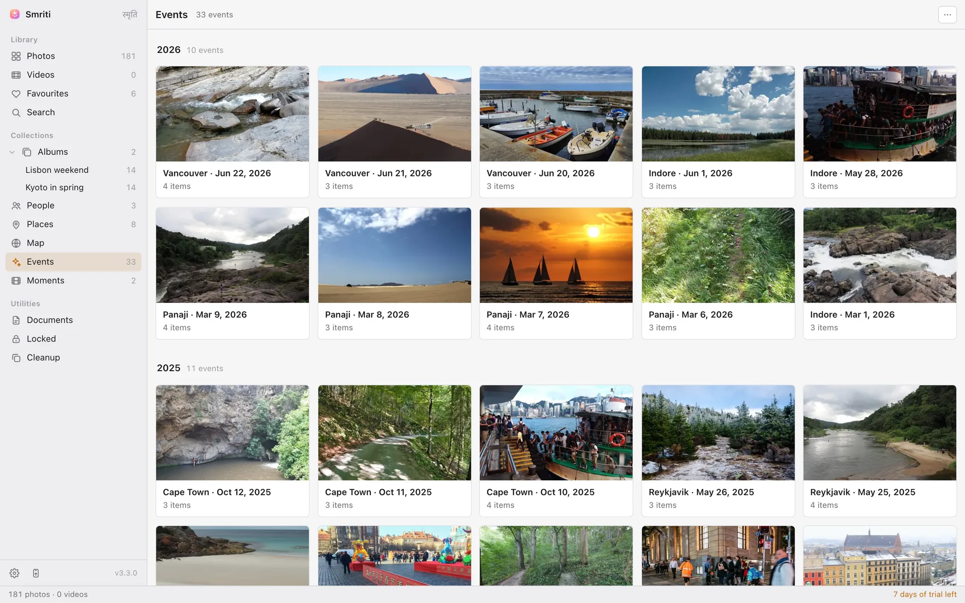Smriti's Events view grouping photos into trips detected automatically from gaps in the timeline.