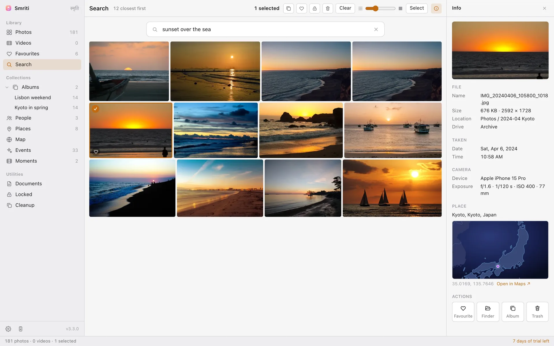 Smriti's search results for “sunset over the sea” — four closest matches, ranked with the query never leaving the machine.